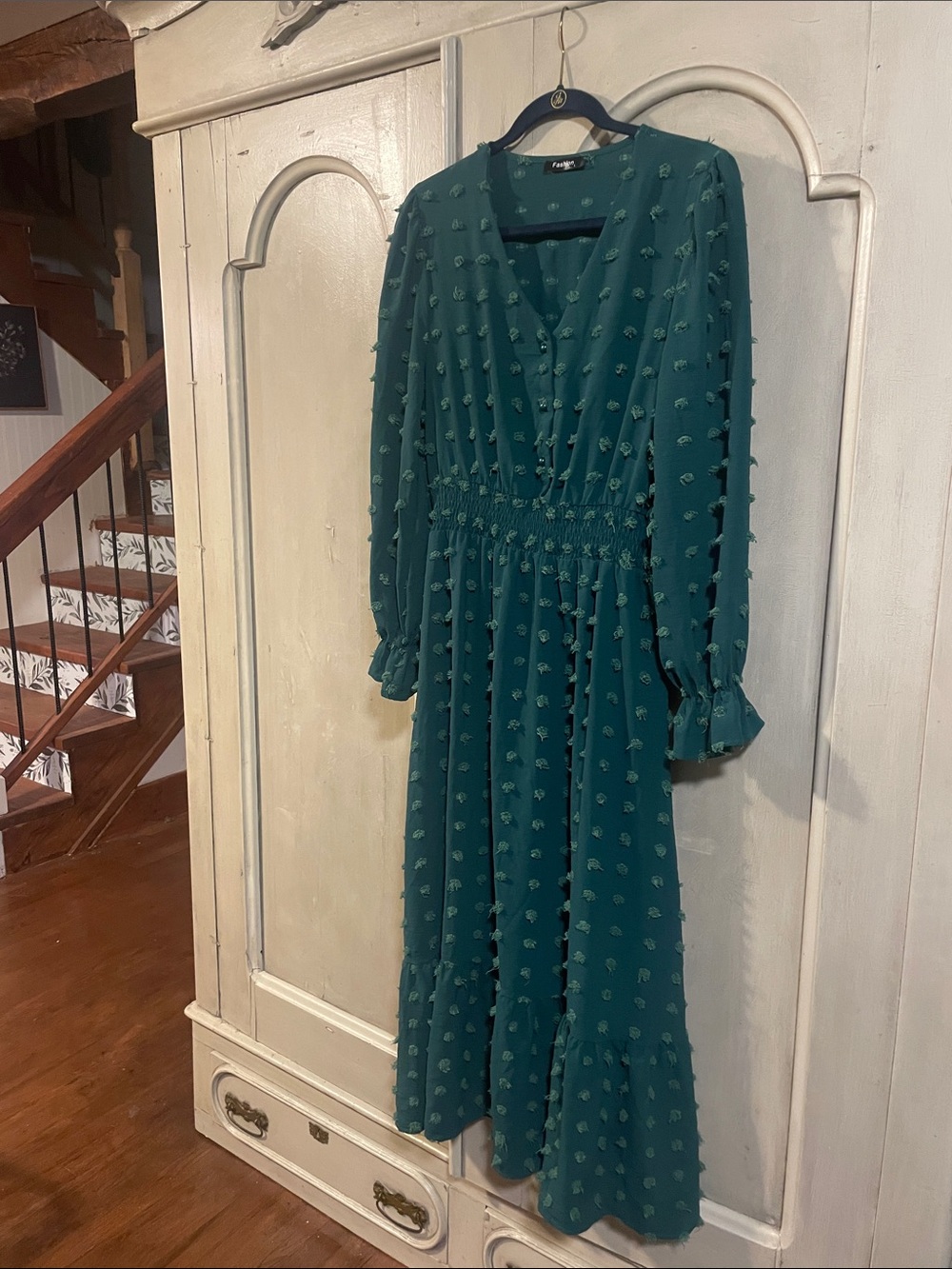 Teal Long Sleeve Textured Midi Dress with Ruffle Hem